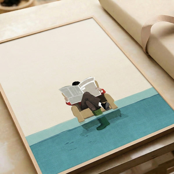 Modern art print featuring a tranquil figure in boots reading newspaper during a flood, minimalist composition in cream, tan, teal, and muted red.