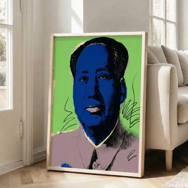 Bold graphic portrait with flat color planes and high-contrast palette, framed modern art print on wall