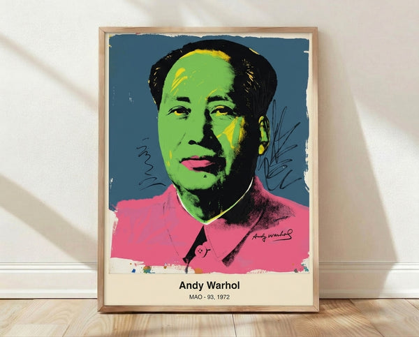Bold pop art portrait of Mao in electric blue and hot pink tones, framed on wall as modern art print with high-contrast Warhol-style graphic aesthetic.
