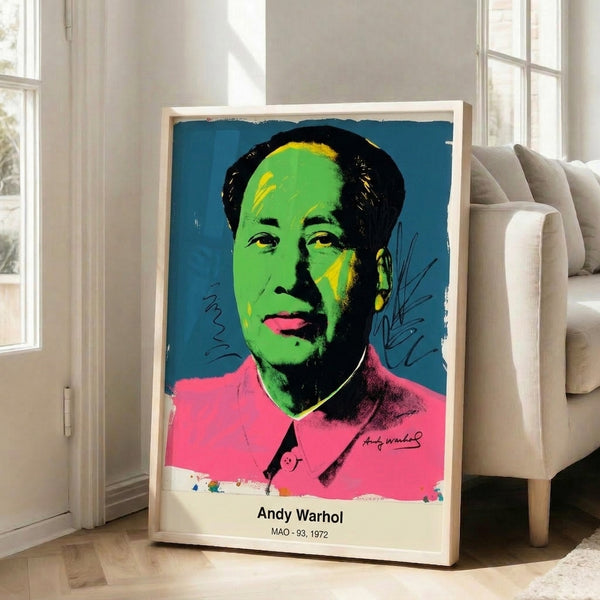 Neon-bright pop art portrait combining hot pink, yellow, and electric blue tones, framed as modern graphic wall art with Bauhaus design sensibility.