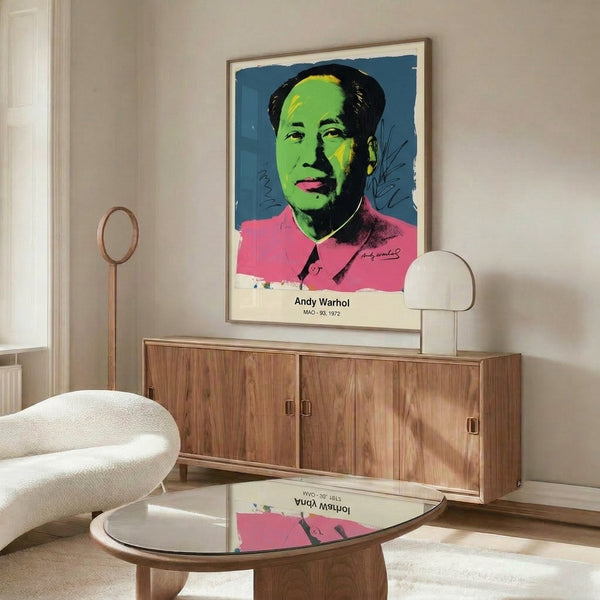 Vibrant pop art face portrait in contrasting hot pink and lime green hues, framed poster showcasing bold modern graphic art aesthetic on wall.