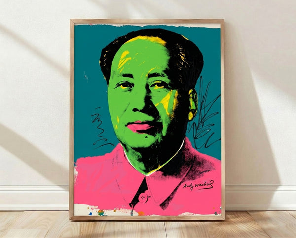 Bold pop art portrait of Mao in vibrant colors with layered halftone printing technique, framed poster on wall.