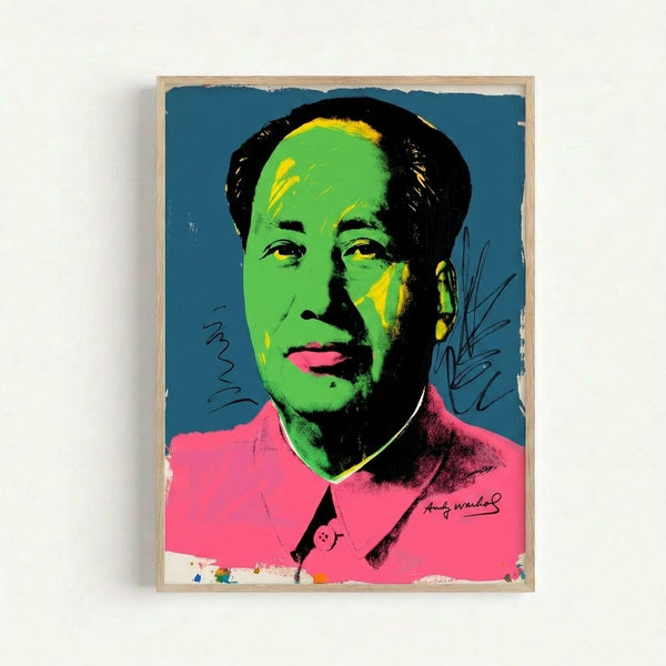 High-contrast colorful portrait print featuring Mao's face in pink, yellow, and blue tones, Warhol-inspired pop art style.