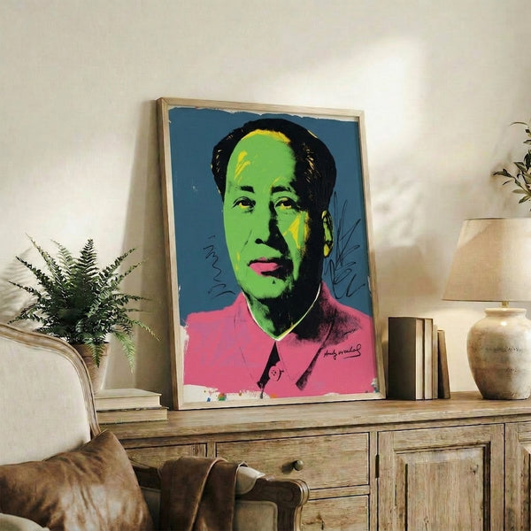 Large-scale portrait poster in electric colors with expressive brushwork and high-impact pop aesthetic on gallery wall.