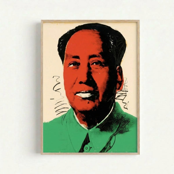 Warhol-inspired portrait print featuring Mao's face in striking jewel tones and energetic color blocking, modern pop art aesthetic.