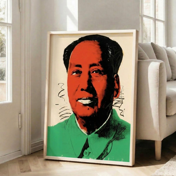 Contemporary wall art print of Mao portrait in luminous pop art colors with flattened form and expressive color palette.