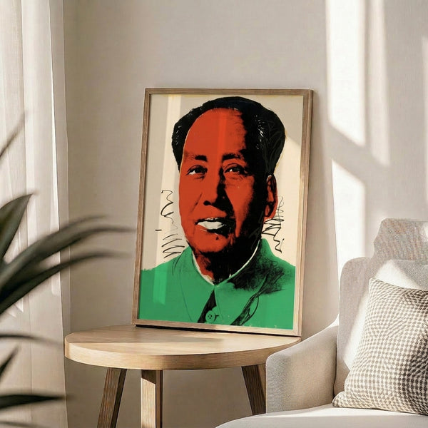 Framed pop art masterpiece showcasing Mao's portrait in saturated pinks, reds, and yellows with high-impact graphic design.