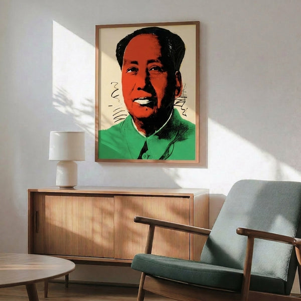 Pop art rendition of Mao in vibrant multicolor blocks and contrasting tones, presented as framed modern wall print.