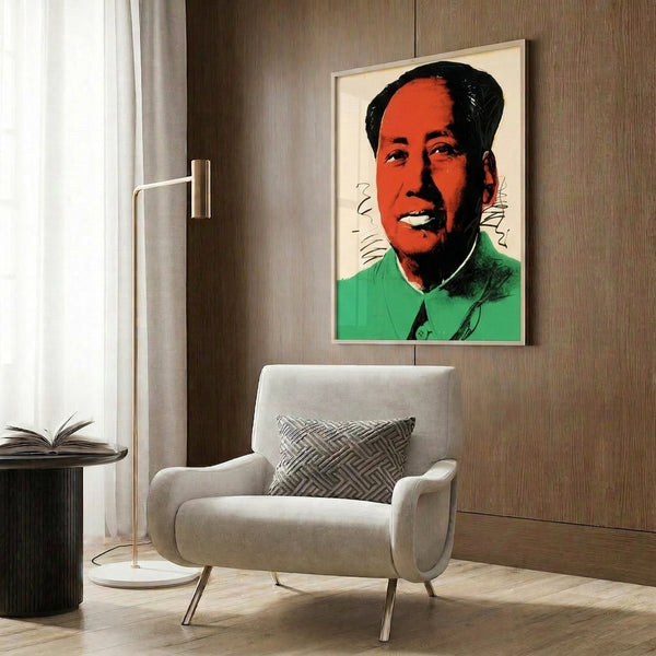 Bold and colorful pop art portrait featuring Mao's image in striking jewel tones and graphic silkscreen style, gallery-framed wall art.