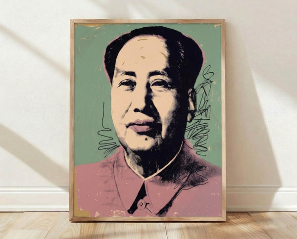 Pop art portrait of Mao Tse Tung in vibrant bold colors with high contrast, featuring iconic graphic style reminiscent of Andy Warhol's famous screenprints, framed poster on wall.