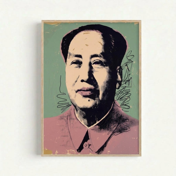 Mao 95 poster displaying striking simplified portrait in bright saturated hues and graphic bold outlines, contemporary pop art style with modernist aesthetic.