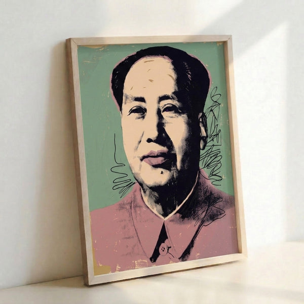 Framed art print of Mao portrait in vivid color blocking and flat graphic shapes, bold pop art interpretation with dramatic contrast and contemporary edge.