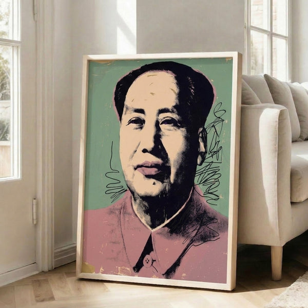 Mao Tse Tung portrait in high-impact pop art style with luminous colors and graphic intensity, bold statement wall art with modern artistic flair.