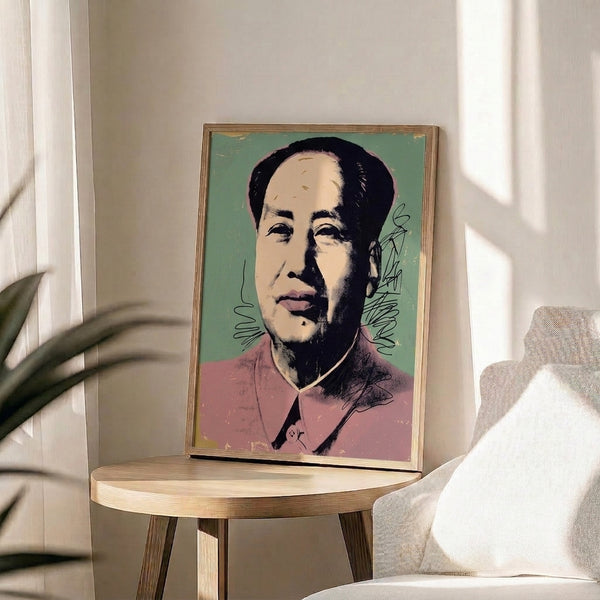 Pop art Mao poster featuring saturated color palette and simplified graphic form, bold minimalist portrait with striking visual impact for modern interiors.