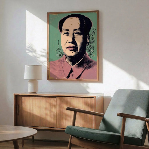 Framed Mao 95 print in vibrant pop art style with graphic bold lines and eye-catching colors, contemporary art print with modernist appeal.