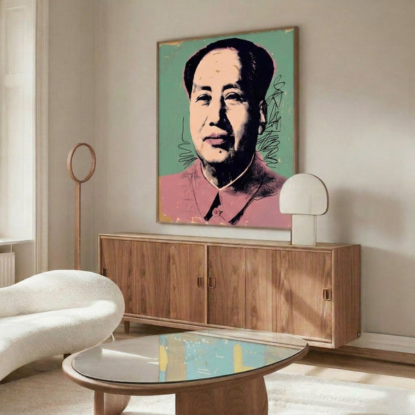 Mao portrait rendered in bold pop art technique with bright saturated hues and graphic simplification, striking contemporary wall art in framed format.