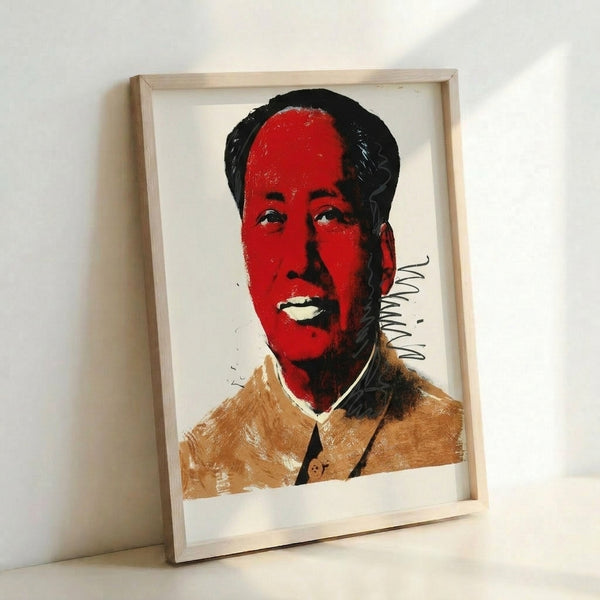 Modern pop art wall print depicting Mao's face in bright, contrasting colors with silkscreen aesthetic.
