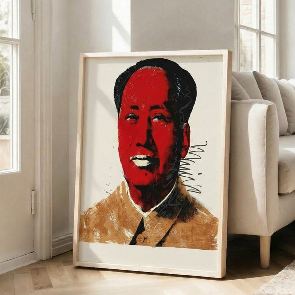Iconic pop art portrait of Mao rendered in vivid colors, framed as contemporary wall decor.