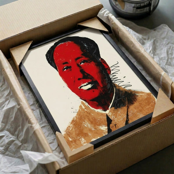 Framed pop art wall decor showing Mao portrait in bright colors with modern silkscreen technique.