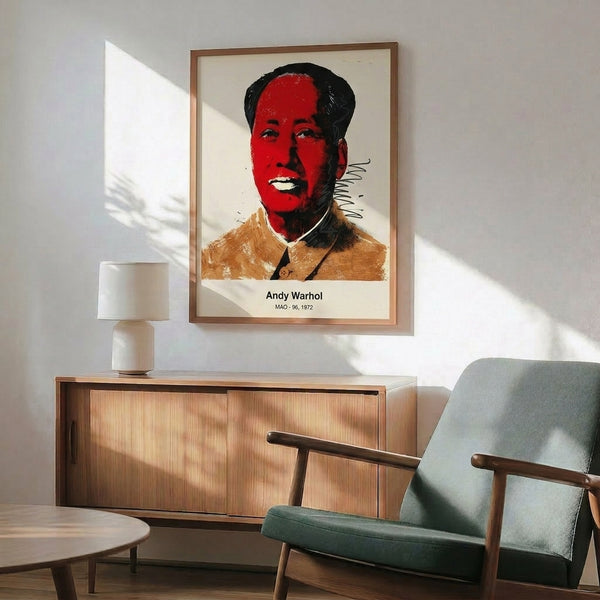 Contemporary pop art wall print with high-contrast bright magenta and black, featuring a simplified portrait face in the iconic Warhol aesthetic.