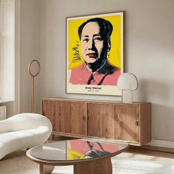 Vibrant portrait artwork in pop art tradition featuring bold hot pink, cyan, and yellow palette on black background, framed as avant-garde wall decor.