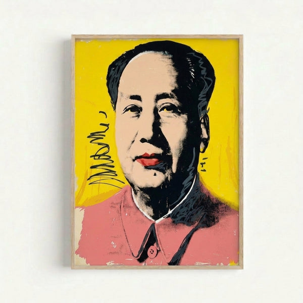 Vibrant Warhol-style Mao portrait framed on wall, featuring fluorescent colors and silkscreen aesthetic in contemporary pop art.