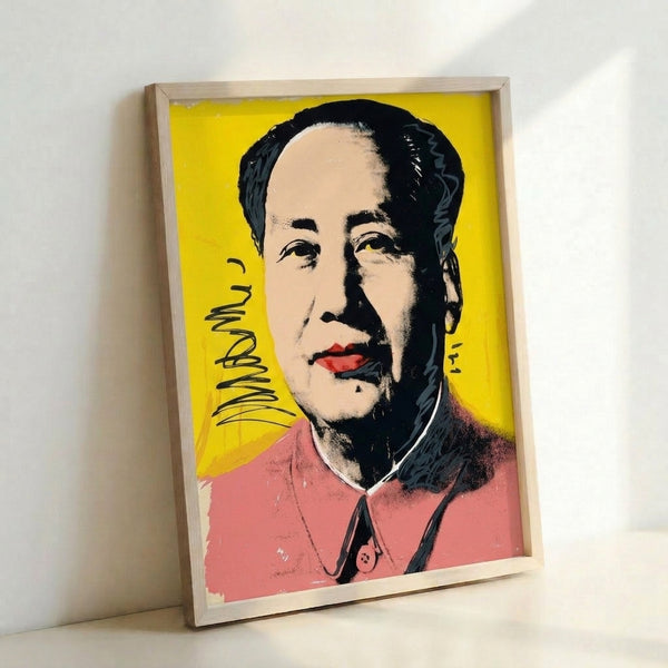 Bold modern portrait of Mao with striking color blocking in warm tones, rendered in iconic pop art silkscreen technique.
