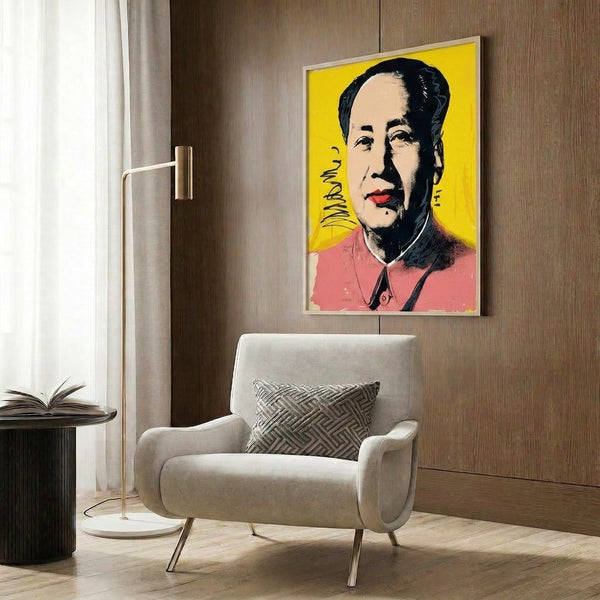 Pop art Mao portrait framed as wall decor, featuring characteristic silkscreen color variations in red, yellow, and orange hues.