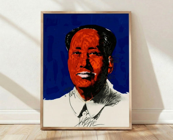 Bold pop art portrait of Mao Zedong in vibrant colors, printed as a framed poster with high-contrast graphic style characteristic of 1960s Warhol art.