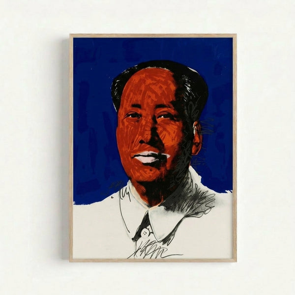 Framed pop art print featuring Mao's face in striking neon tones and flat graphic color blocks, modern wall art in Warhol's iconic silkscreen style.