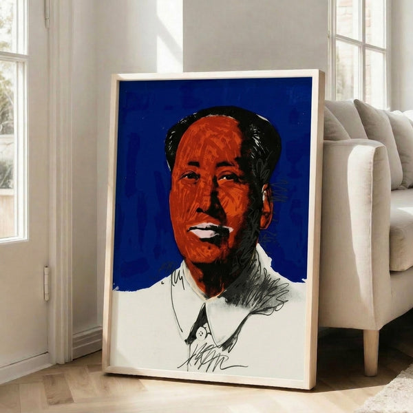 Pop art style portrait poster of Mao with luminous color combinations and flattened forms, exemplifying 1960s art movement aesthetic.