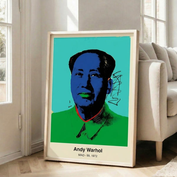 Glamorized pop art face print with vibrant color separation in red, pink, yellow, and turquoise against dark background, framed as wall art.
