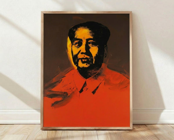 Pop art portrait of Mao in vibrant colors with bold graphic styling, framed as a modern wall print.