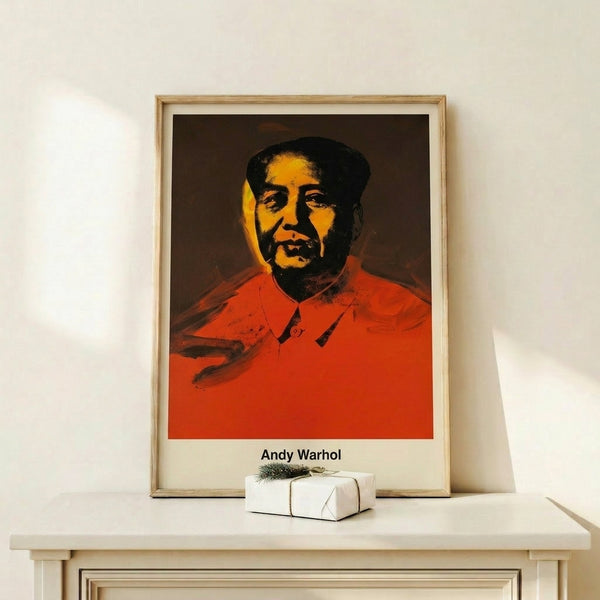 High-contrast pop art portrait using bold color blocking in red, yellow, green, and black, contemporary art print in frame.