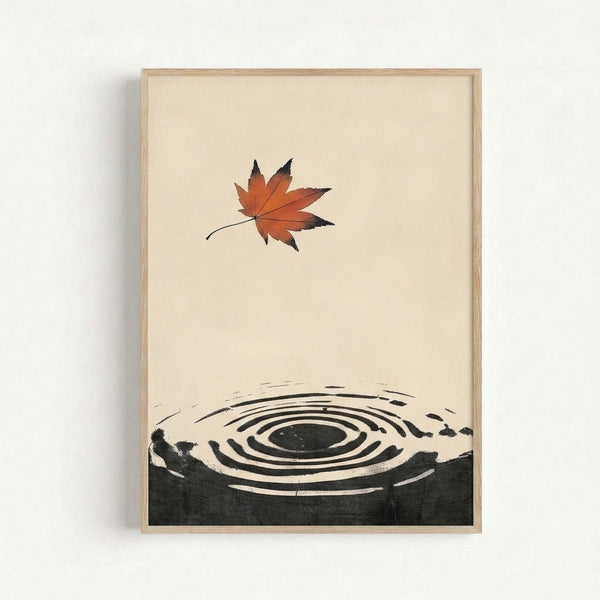 Framed line art print inspired by Japanese aesthetics: a single maple leaf rendered in rust and black tones, enclosed by concentric ripple circles on pale cream, creating a meditative and serene composition.
