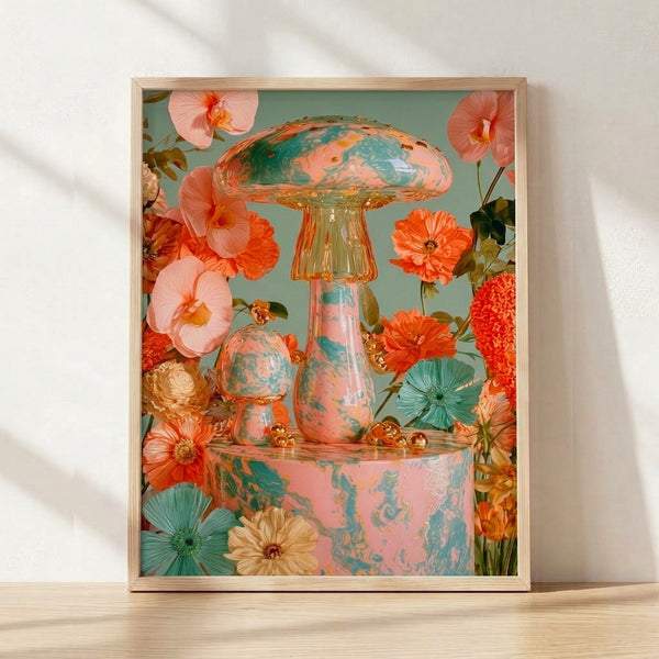 Whimsical boho botanical still life poster featuring marbled mushrooms, pink gerberas, coral orchids, and carnations arranged with lustrous gold spheres on a cream background.