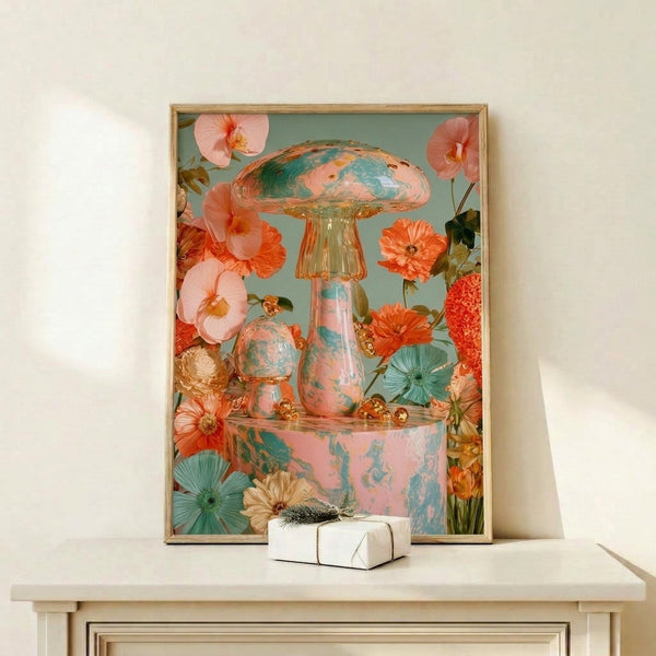 Cottagecore wall art print displaying a luxurious arrangement of delicate flowers and ornate mushrooms in soft pastels with sage green accents and gilded details.