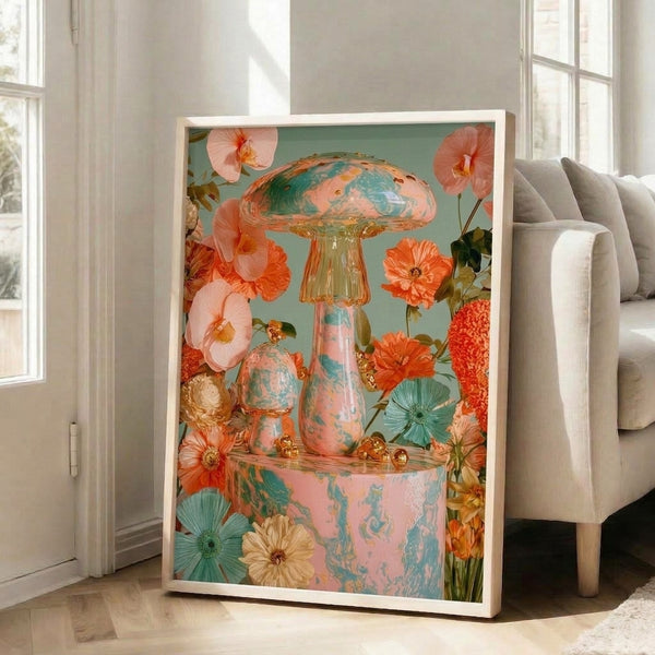 Botanical reverie poster in boho style showcasing marbled fungi, blush blooms, and metallic gold orbs creating an enchanting garden-inspired composition.