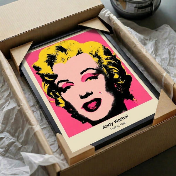 Pop art portrait rendering a woman's face in brilliant pink, black, and metallic gold, creating a provocative and instantly recognizable modern art piece.