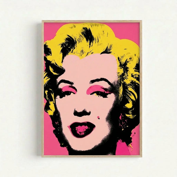 Colorful silkscreen-style portrait with repeated facial features in bright neon hues, mounted as a framed poster in a contemporary interior.