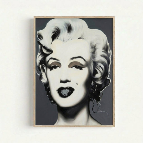 Black and white stylized portrait print of Marilyn Monroe with simplified features and graphic pop art aesthetic, displayed as a framed wall poster.