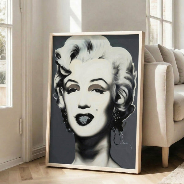 Contemporary pop art print depicting Marilyn Monroe in grayscale with bold graphic rendering and high-contrast silhouette effect.
