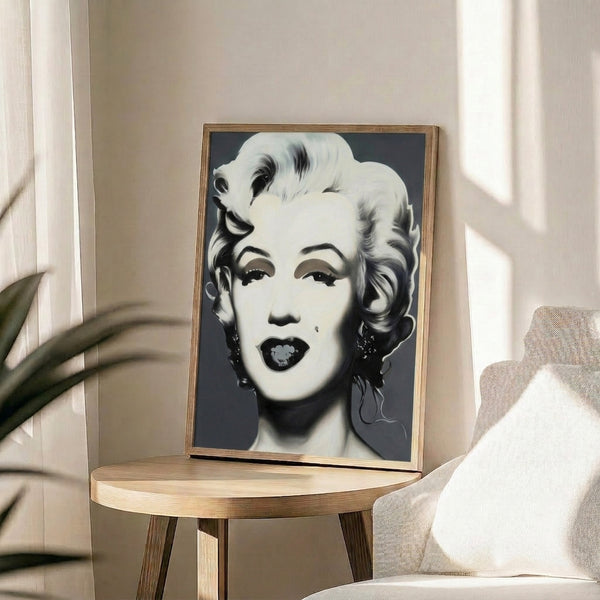Warhol-inspired monochrome portrait of Marilyn Monroe using graphic pop art techniques with dramatic black and white composition, framed for wall display.