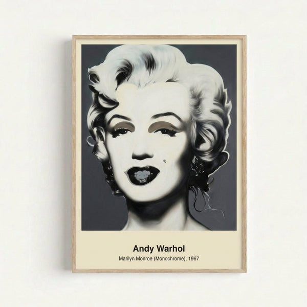 Mechanistic pop art interpretation of a woman's face in grayscale, rendered in high-contrast black and white with a cool, contemporary aesthetic, displayed as a framed poster.