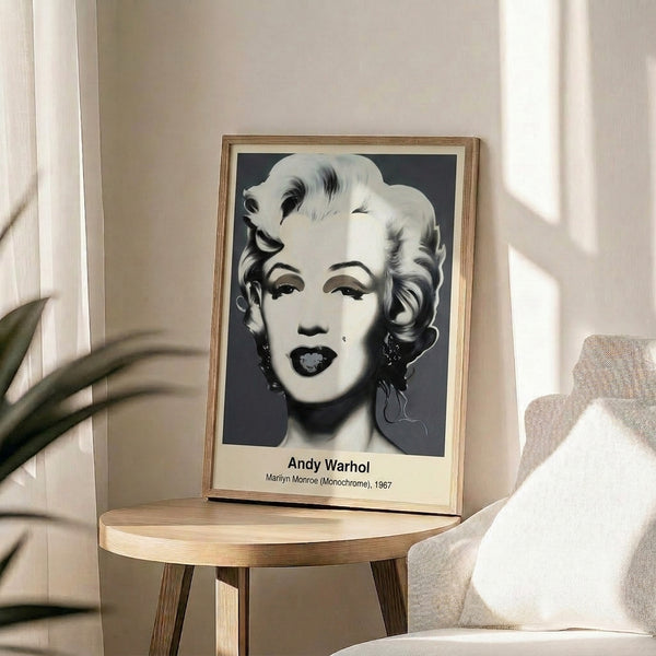 Grayscale pop art portrait featuring a woman's likeness rendered in bold black and white tones with mechanistic precision, presented as a modern art print on wall.