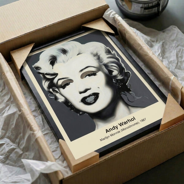 Contemporary pop art wall print in black and white, depicting a stylized portrait with graphic elegance and mechanistic beauty in monochrome tones.