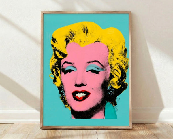 Pop art portrait of Marilyn Monroe in vibrant blue tones, iconic Warhol-style silkscreen print with bold graphic aesthetic.