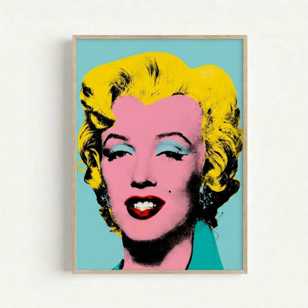 Framed modern pop art poster featuring Marilyn Monroe in striking blue and neutral tones with high-contrast graphic design.