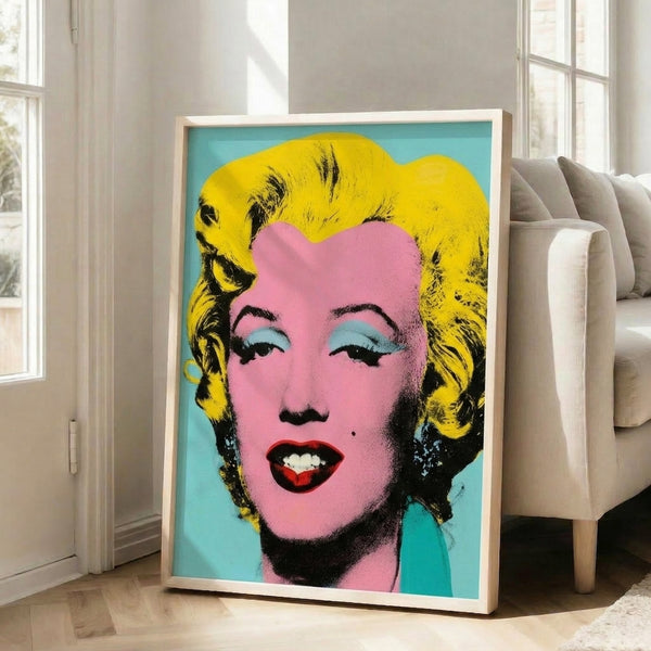 Marilyn Monroe pop art poster in blue hues, modern silkscreen-style print with iconic celebrity portrait aesthetic.