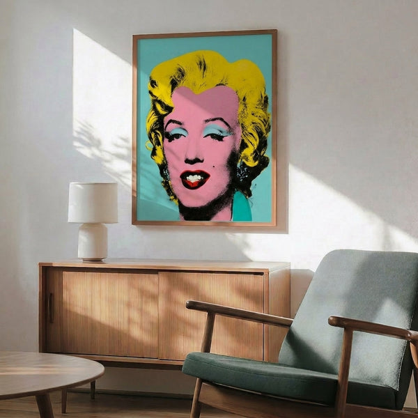 Vibrant blue pop art interpretation of Marilyn Monroe, Warhol-influenced wall art with graphic portrait style.